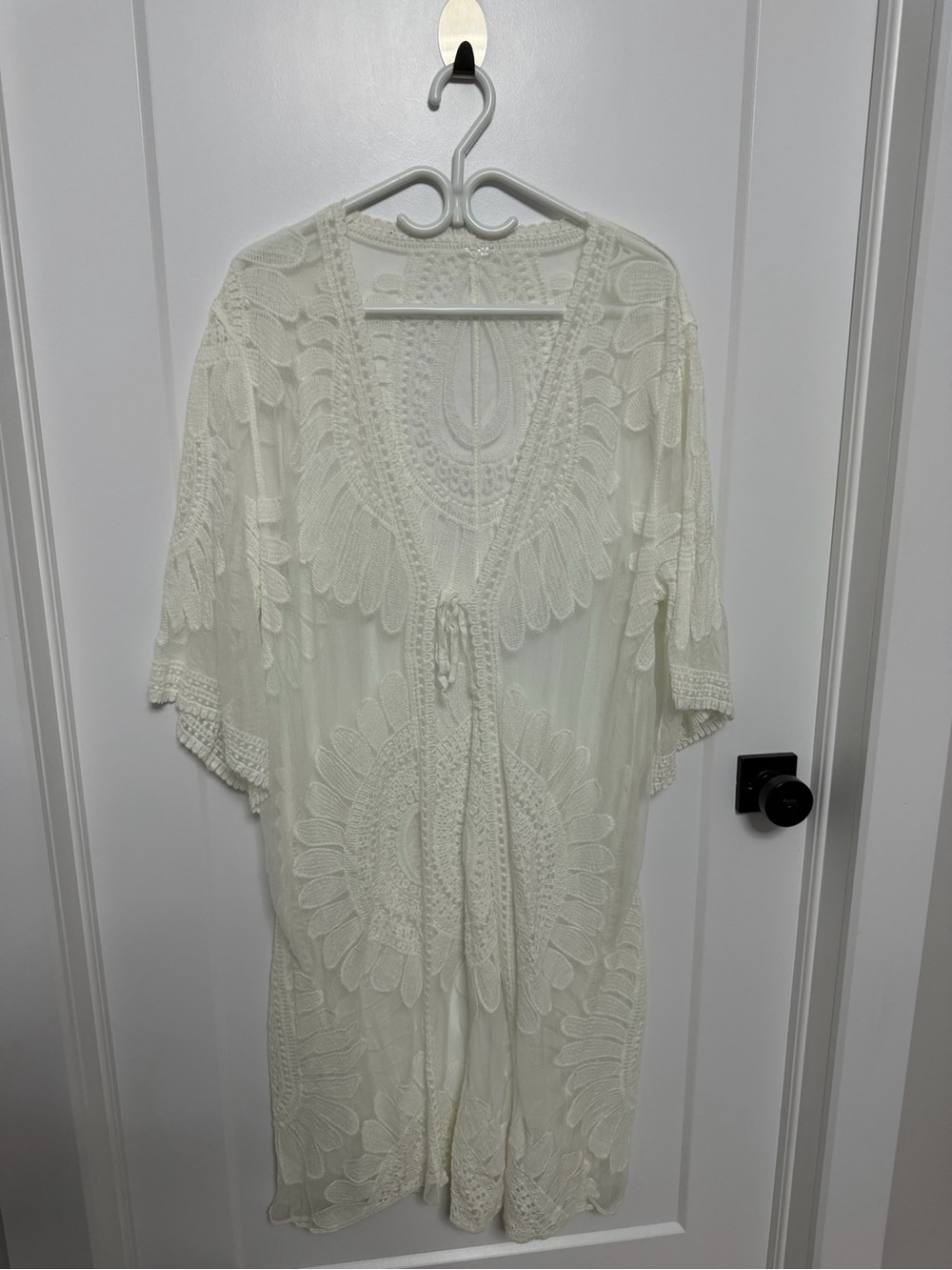 Ivory Crochet Lace Kimono Robe with Tie Front